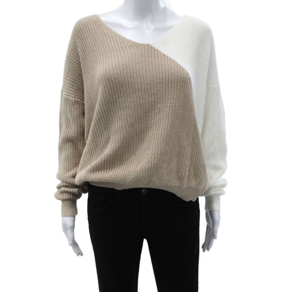 Superdown Women Beige V-Neck Cotton Pullover Long Sleeve Size S